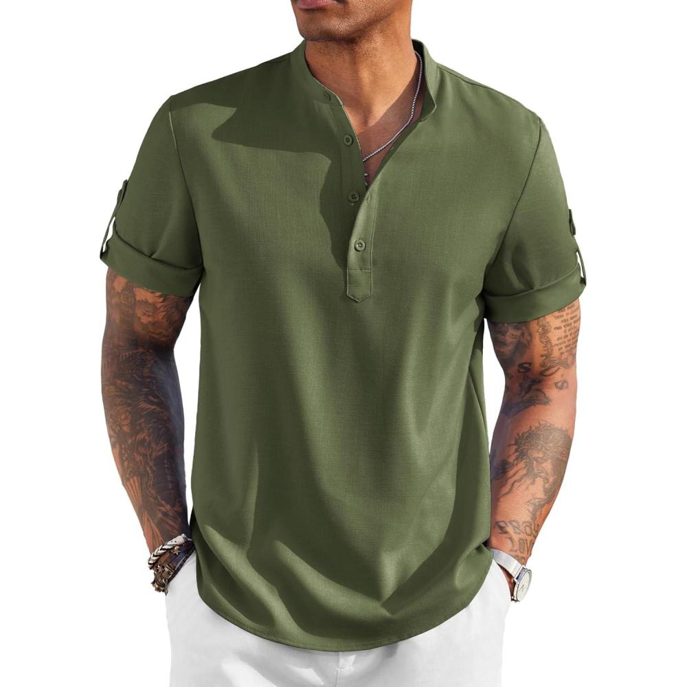imageCOOFANDY Mens Casual Henley Shirt Short Sleeve Band Collar Linen Shirt Summer Beach Hippie TShirtsArmy Green