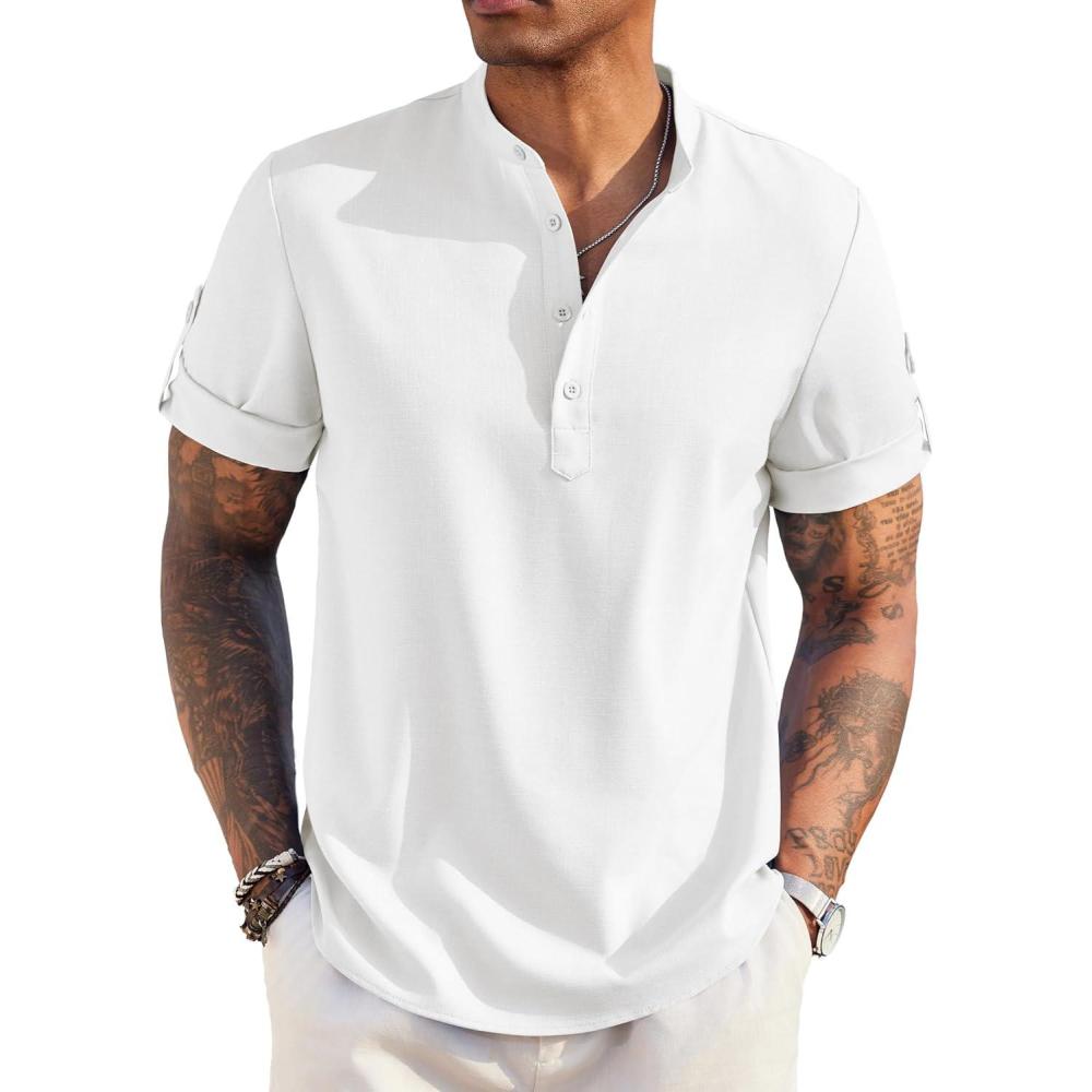 imageCOOFANDY Mens Casual Henley Shirt Short Sleeve Band Collar Linen Shirt Summer Beach Hippie TShirtsAwhite