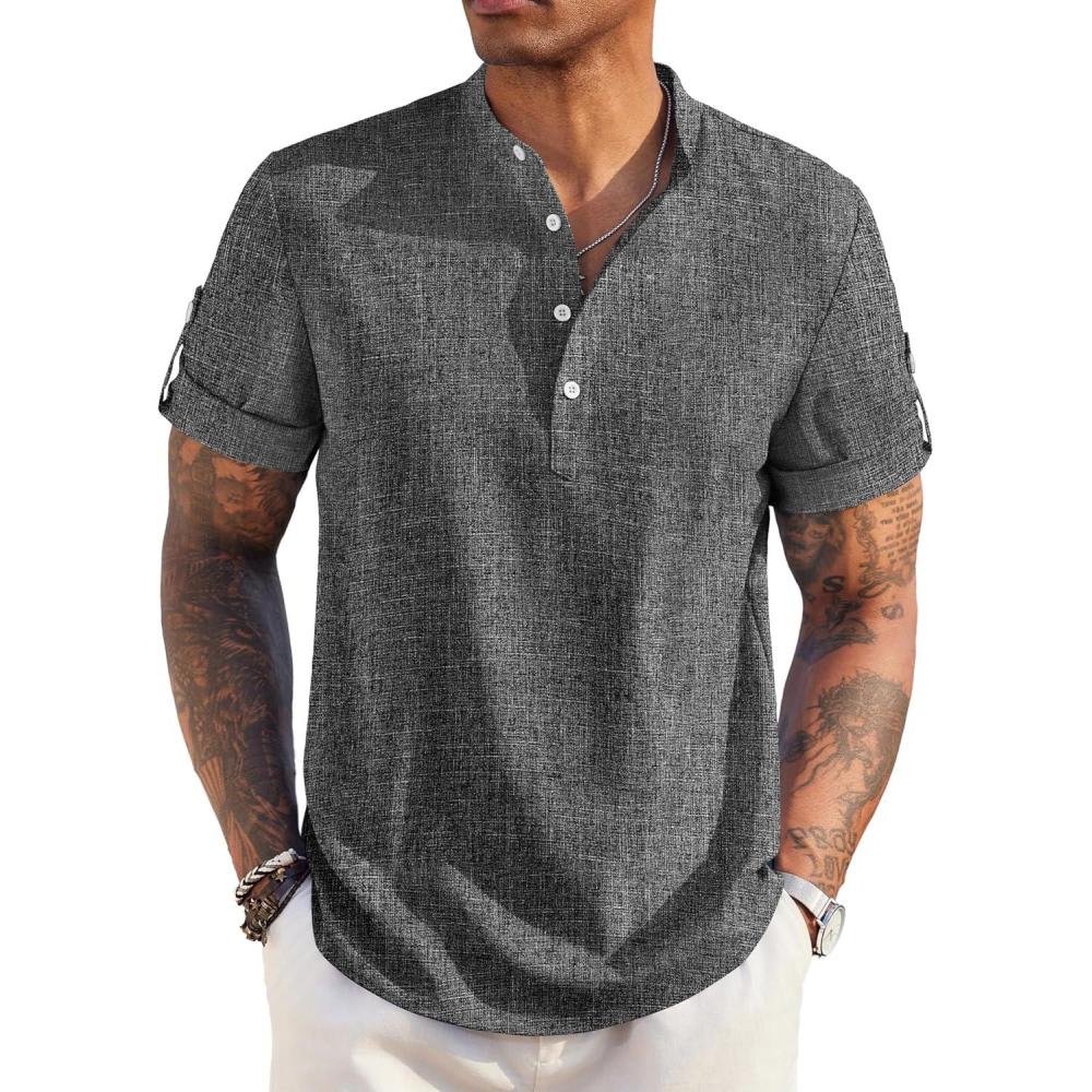 imageCOOFANDY Mens Casual Henley Shirt Short Sleeve Band Collar Linen Shirt Summer Beach Hippie TShirtsDark Gray