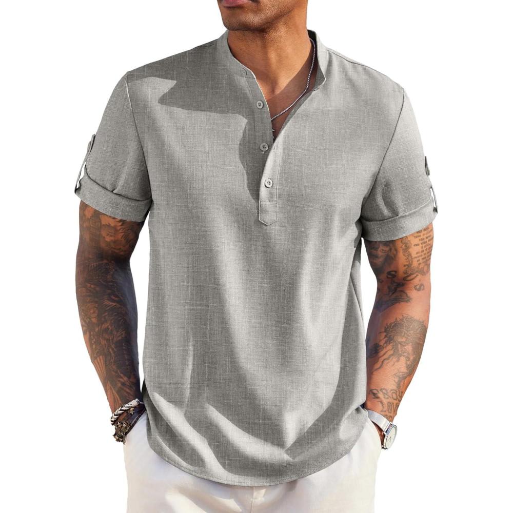 imageCOOFANDY Mens Casual Henley Shirt Short Sleeve Band Collar Linen Shirt Summer Beach Hippie TShirtsLight Grey