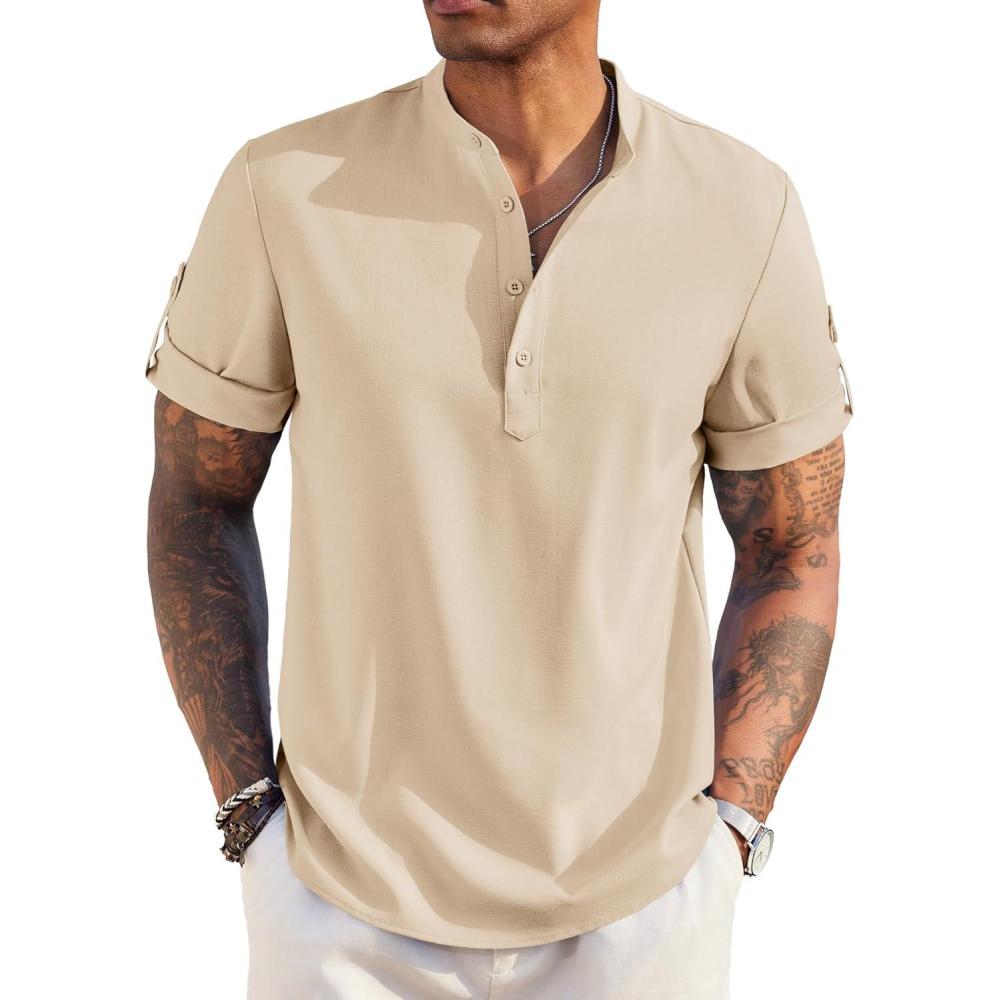imageCOOFANDY Mens Casual Henley Shirt Short Sleeve Band Collar Linen Shirt Summer Beach Hippie TShirtsLight Khaki