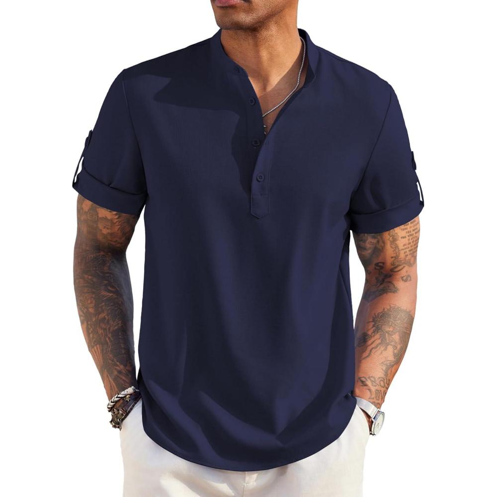 imageCOOFANDY Mens Casual Henley Shirt Short Sleeve Band Collar Linen Shirt Summer Beach Hippie TShirtsNavy Blue