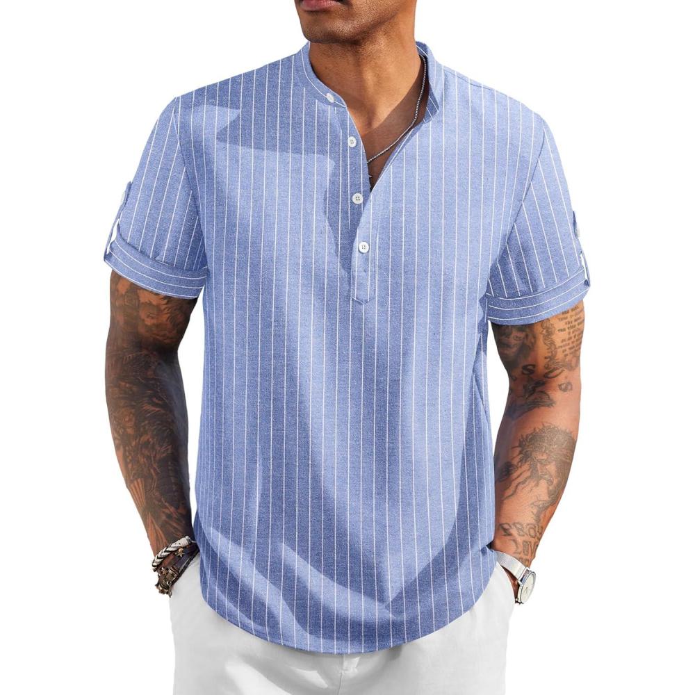 imageCOOFANDY Mens Casual Henley Shirt Short Sleeve Band Collar Linen Shirt Summer Beach Hippie TShirtsStriped Blue