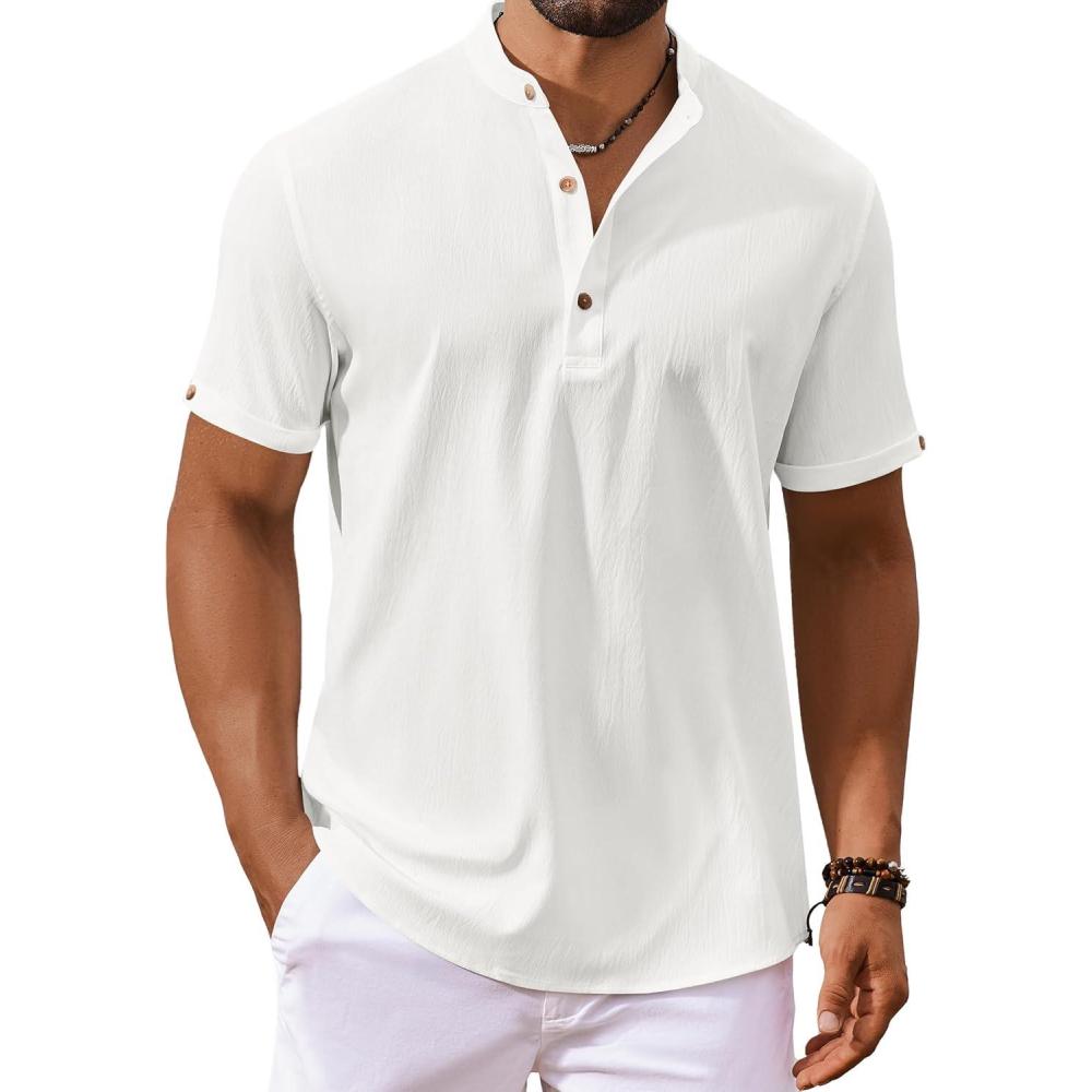 imageCOOFANDY Mens Casual Henley Shirts Short Sleeve Summer Beach TShirts Banded Collar Henleys Button Tee ShirtAll White