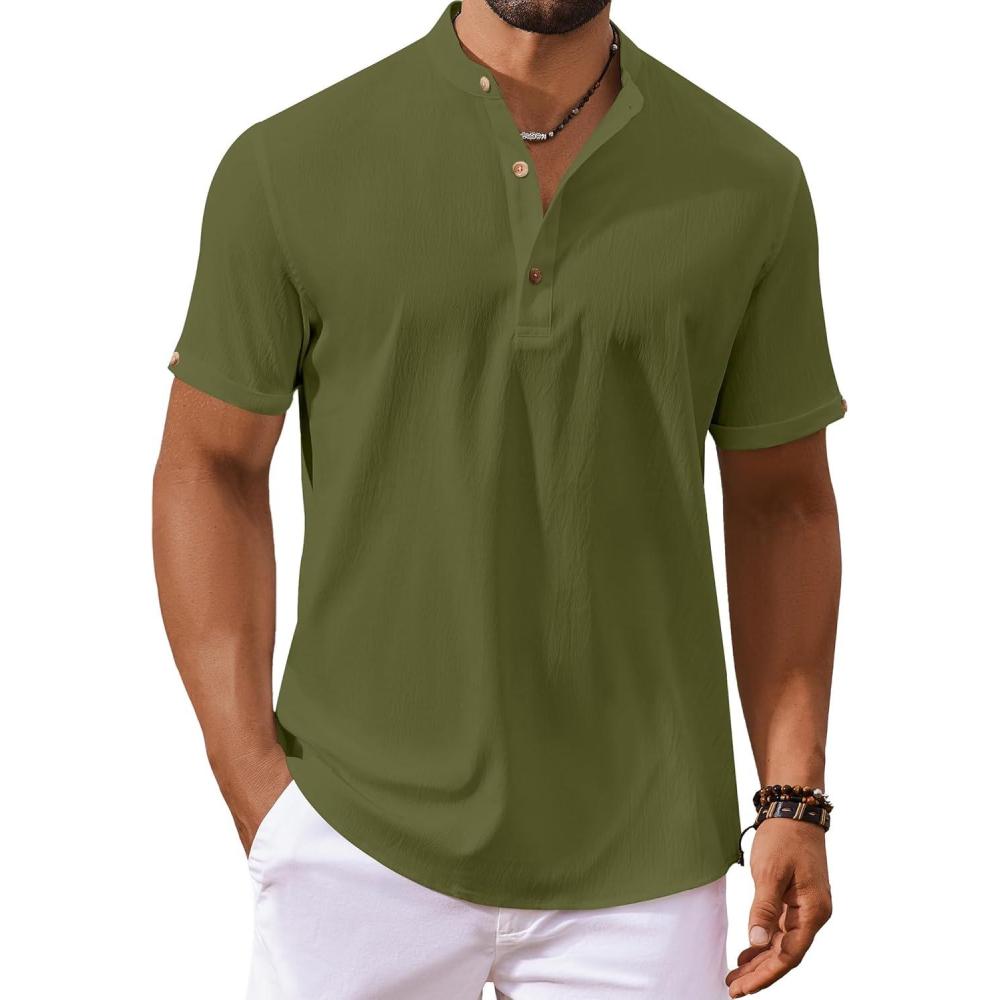 imageCOOFANDY Mens Casual Henley Shirts Short Sleeve Summer Beach TShirts Banded Collar Henleys Button Tee ShirtArmy Green