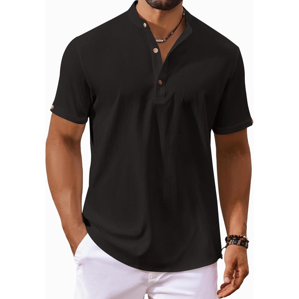 imageCOOFANDY Mens Casual Henley Shirts Short Sleeve Summer Beach TShirts Banded Collar Henleys Button Tee ShirtBlack