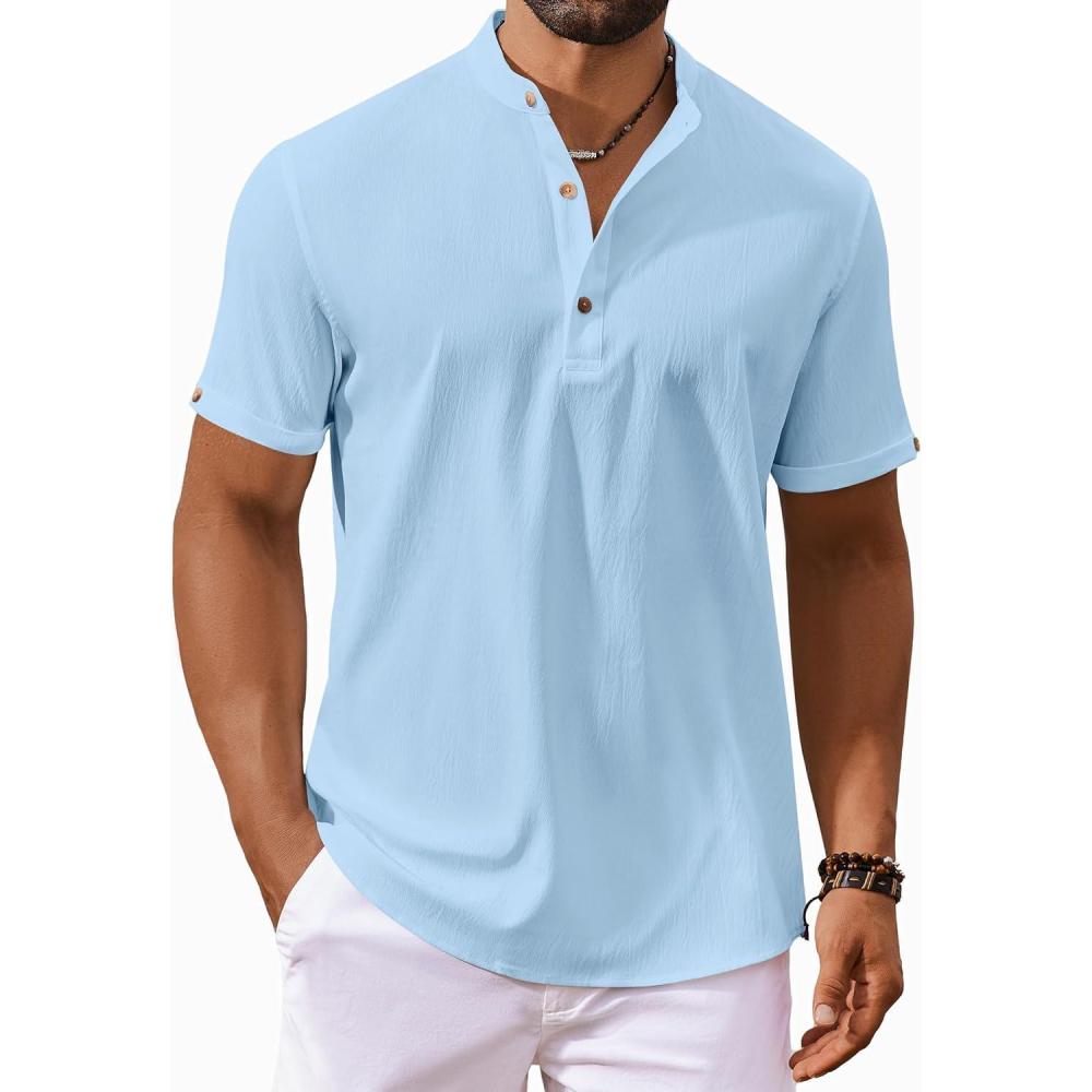 imageCOOFANDY Mens Casual Henley Shirts Short Sleeve Summer Beach TShirts Banded Collar Henleys Button Tee ShirtBlue