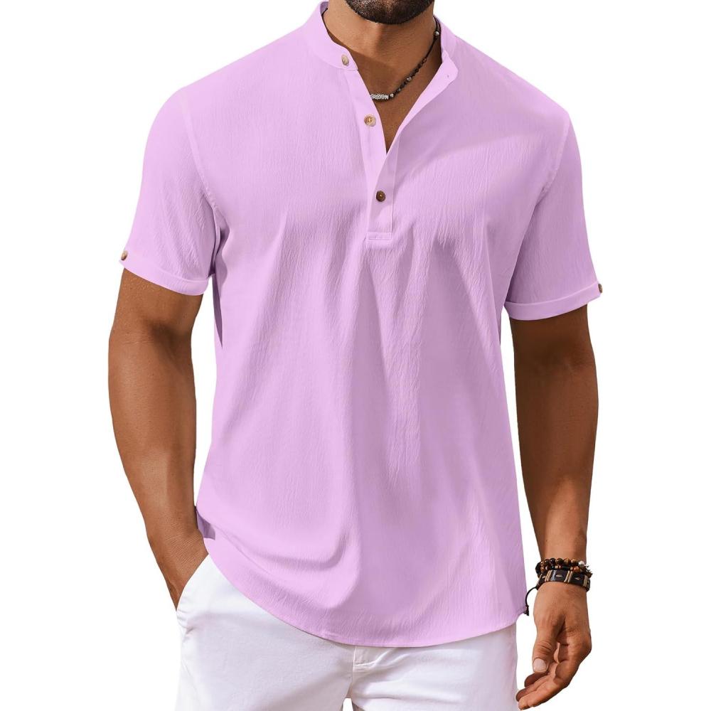 imageCOOFANDY Mens Casual Henley Shirts Short Sleeve Summer Beach TShirts Banded Collar Henleys Button Tee ShirtLight Purple