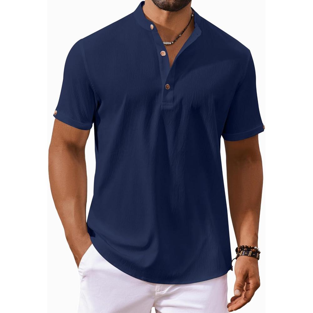 imageCOOFANDY Mens Casual Henley Shirts Short Sleeve Summer Beach TShirts Banded Collar Henleys Button Tee ShirtNavy Blue