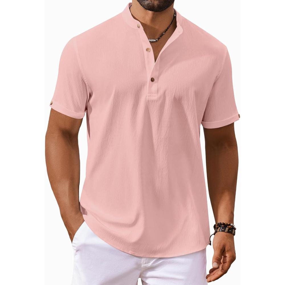 imageCOOFANDY Mens Casual Henley Shirts Short Sleeve Summer Beach TShirts Banded Collar Henleys Button Tee ShirtPink