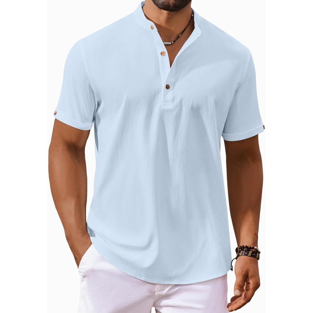 imageCOOFANDY Mens Casual Henley Shirts Short Sleeve Summer Beach TShirts Banded Collar Henleys Button Tee ShirtSky Blue