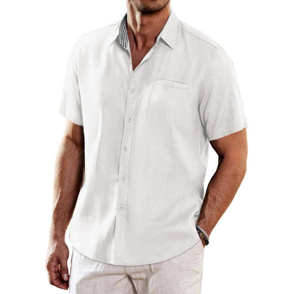 imageCOOFANDY Mens Casual Linen Shirts Short Sleeve Button Down Shirt Summer Beach Tops