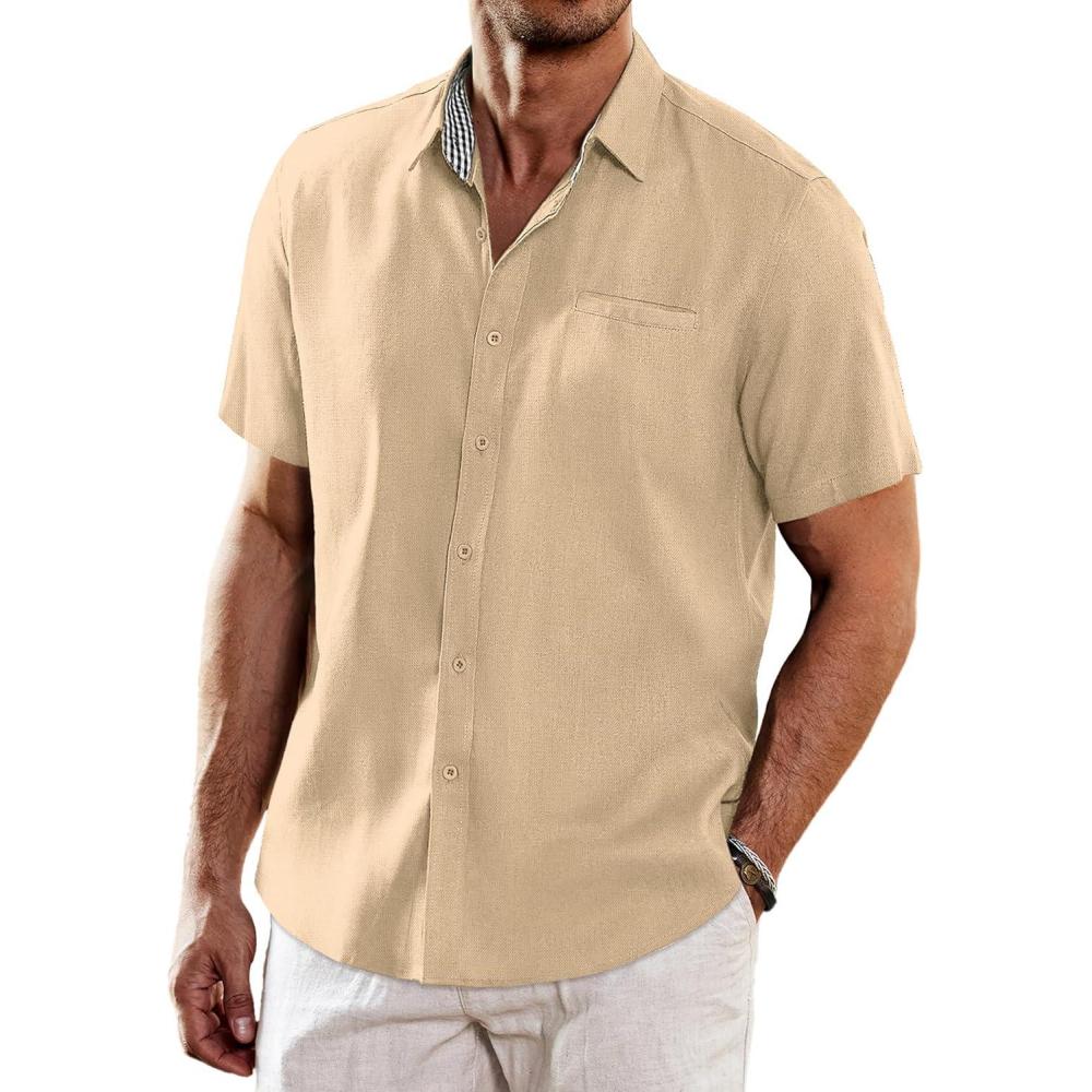 imageCOOFANDY Mens Casual Linen Shirts Short Sleeve Button Down Shirt Summer Beach TopsBeige