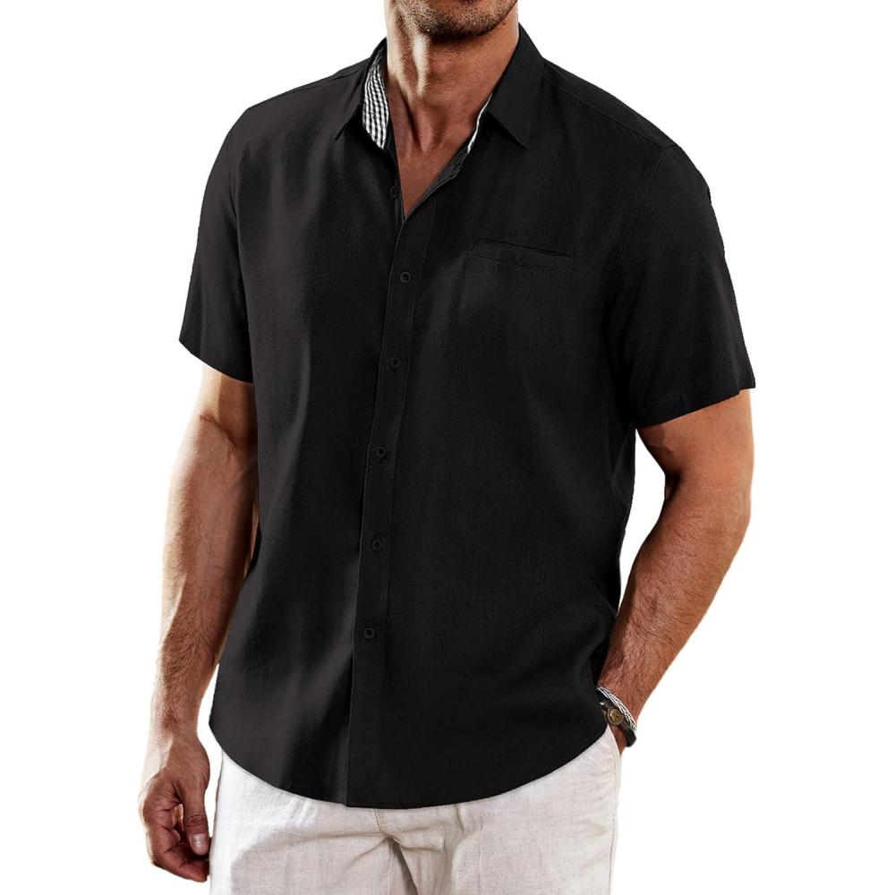 imageCOOFANDY Mens Casual Linen Shirts Short Sleeve Button Down Shirt Summer Beach TopsBlack