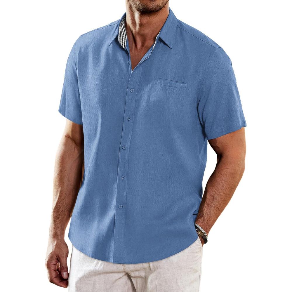 imageCOOFANDY Mens Casual Linen Shirts Short Sleeve Button Down Shirt Summer Beach TopsBlue