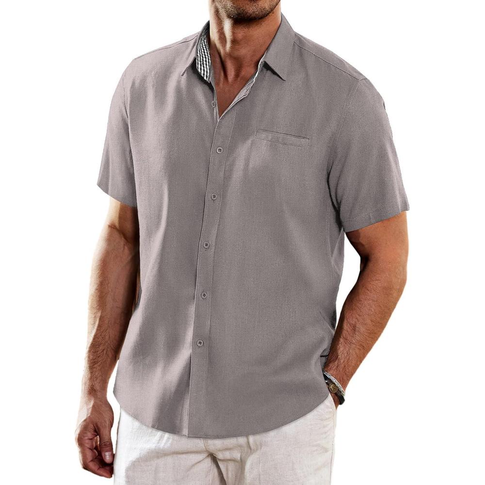 imageCOOFANDY Mens Casual Linen Shirts Short Sleeve Button Down Shirt Summer Beach TopsDark Grey