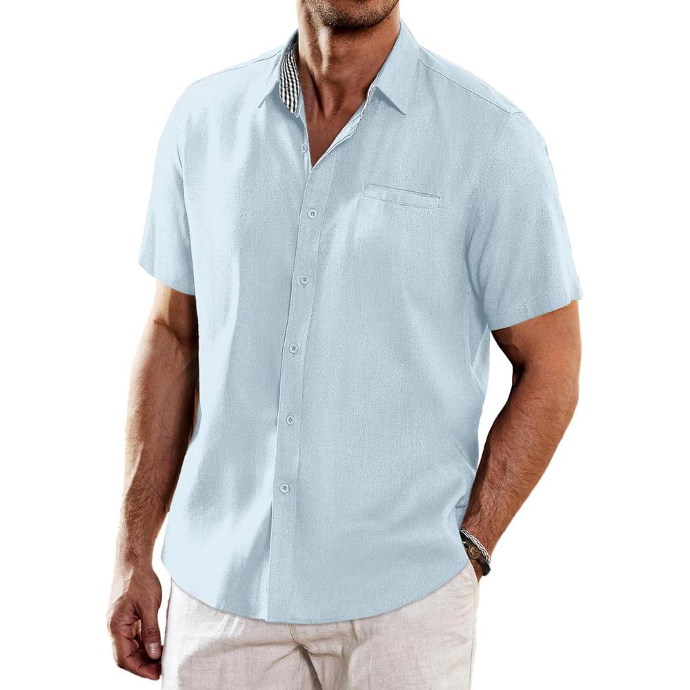 imageCOOFANDY Mens Casual Linen Shirts Short Sleeve Button Down Shirt Summer Beach TopsSky Blue