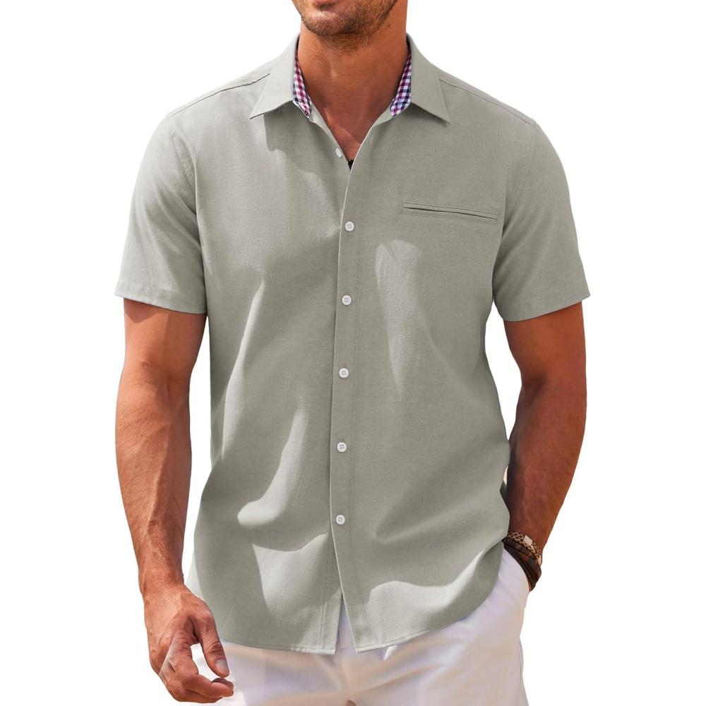 imageCOOFANDY Mens Casual Shirts Short Sleeve Button Down Shirt for Men Wedding Beach Fashion ShirtLight Khaki