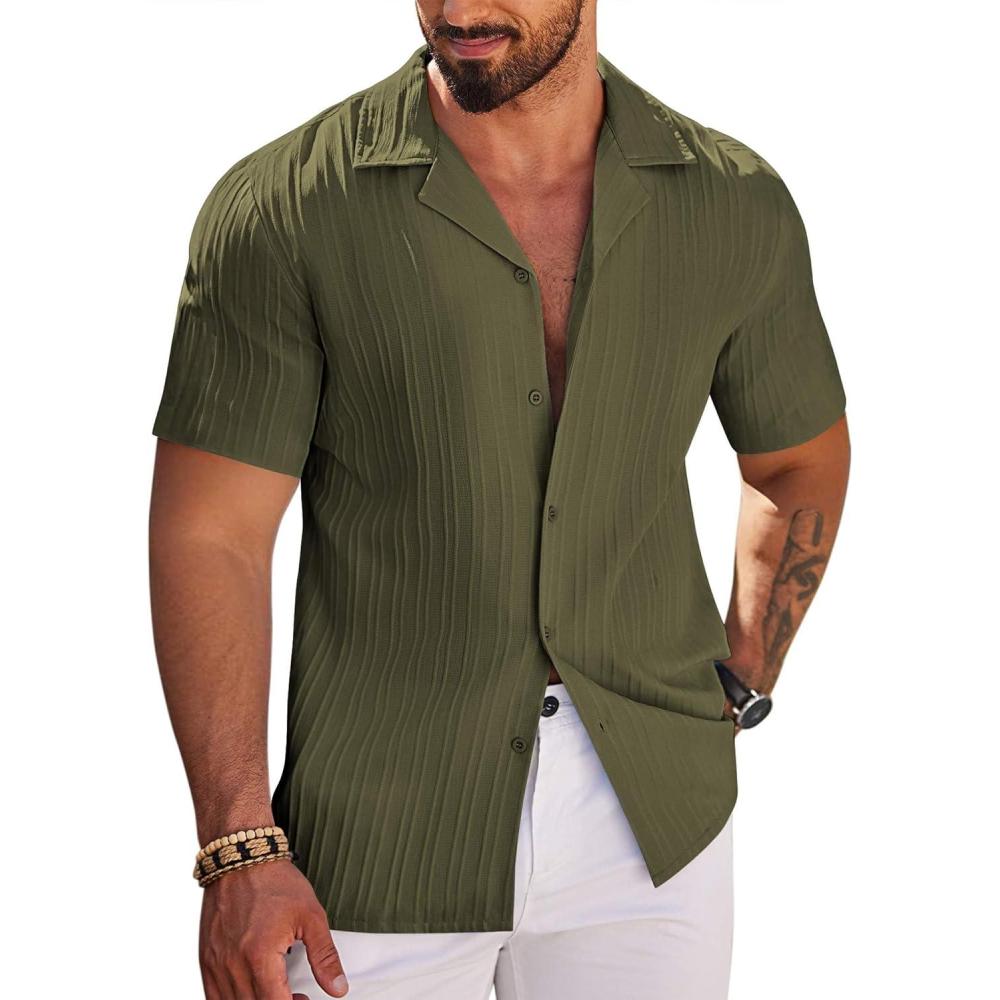 imageCOOFANDY Mens Casual Shirts Short Sleeve Button Down Shirts Fashion Textured Summer Beach ShirtArmy Green