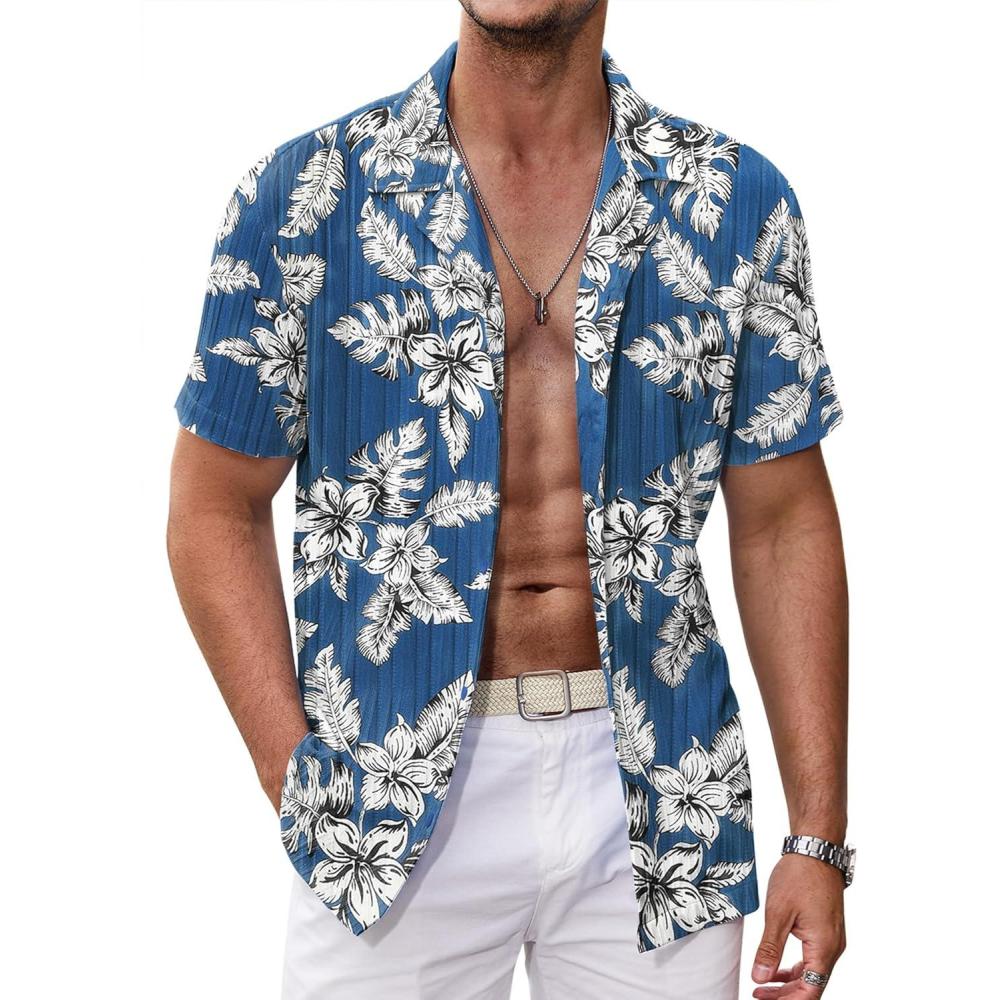 imageCOOFANDY Mens Casual Shirts Short Sleeve Button Down Shirts Fashion Textured Summer Beach ShirtBluewhite Flower