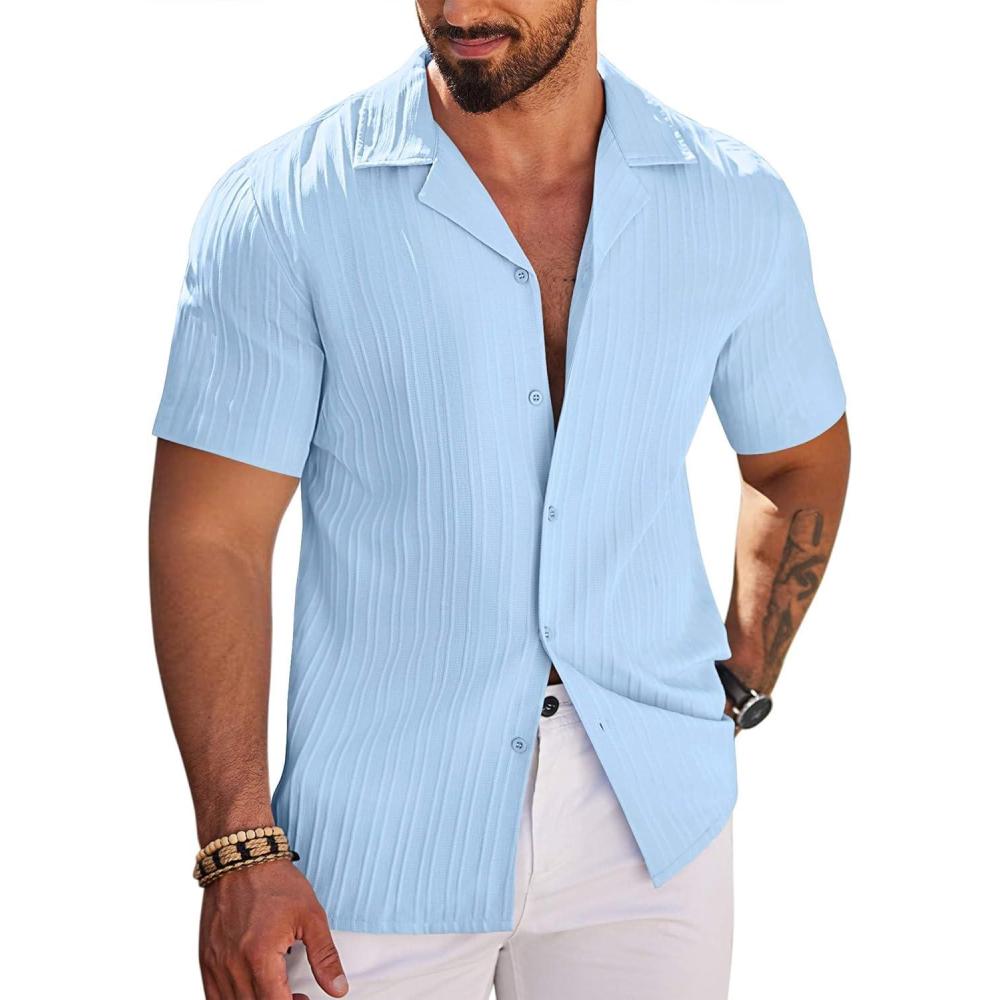 imageCOOFANDY Mens Casual Shirts Short Sleeve Button Down Shirts Fashion Textured Summer Beach ShirtClear Blue