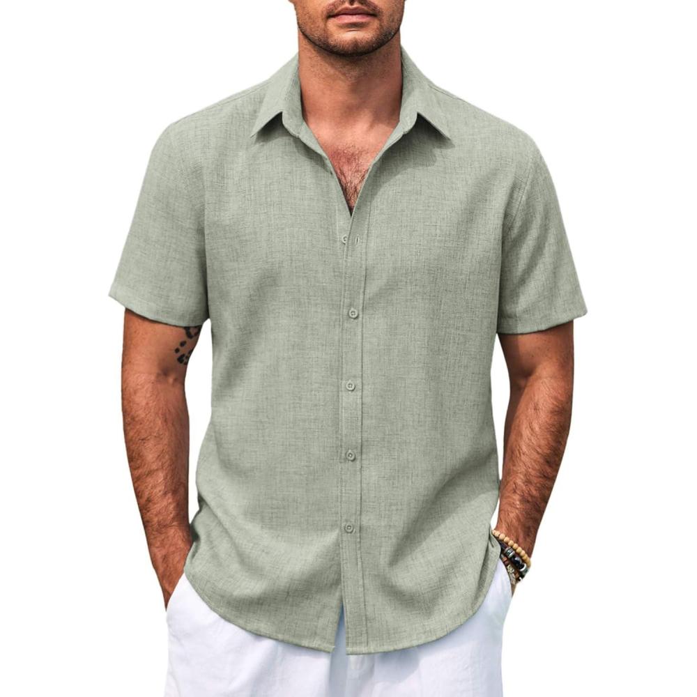 imageCOOFANDY Mens Casual Summer Beach Shirt Button Down Short Sleeve Shirts Vacation Shirt Cotton Linen ShirtsLight Green