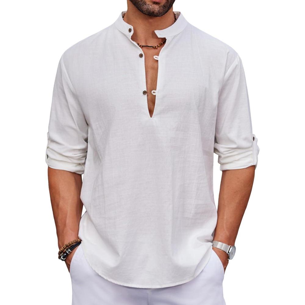 imageCOOFANDY Mens Cotton Linen Henley Shirt Casual Beach Hippie Shirts Long Sleeve TShirtsAwhite