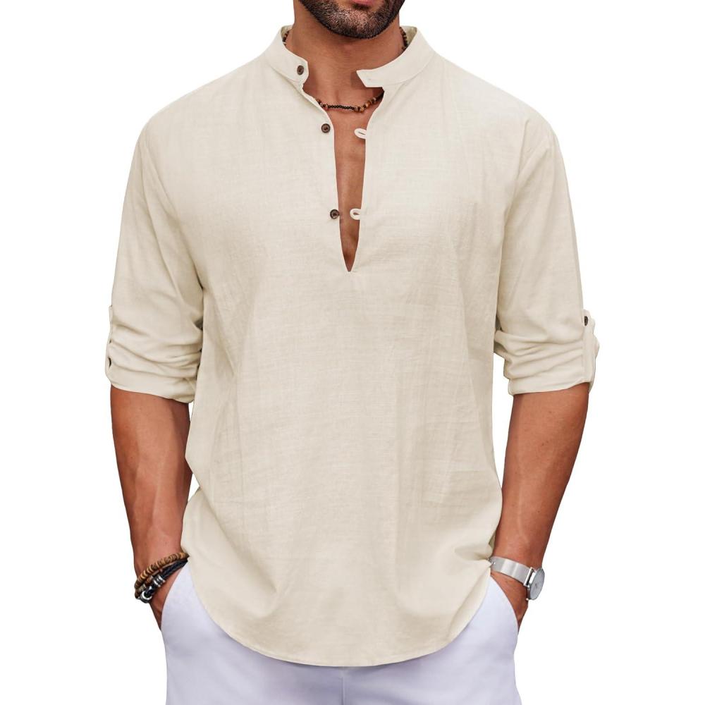 imageCOOFANDY Mens Cotton Linen Henley Shirt Casual Beach Hippie Shirts Long Sleeve TShirtsBeige