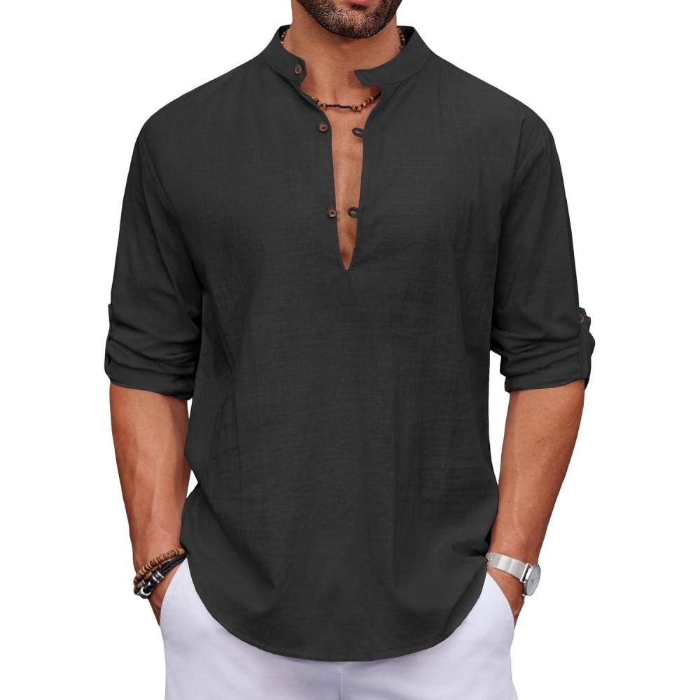 imageCOOFANDY Mens Cotton Linen Henley Shirt Casual Beach Hippie Shirts Long Sleeve TShirtsBlack