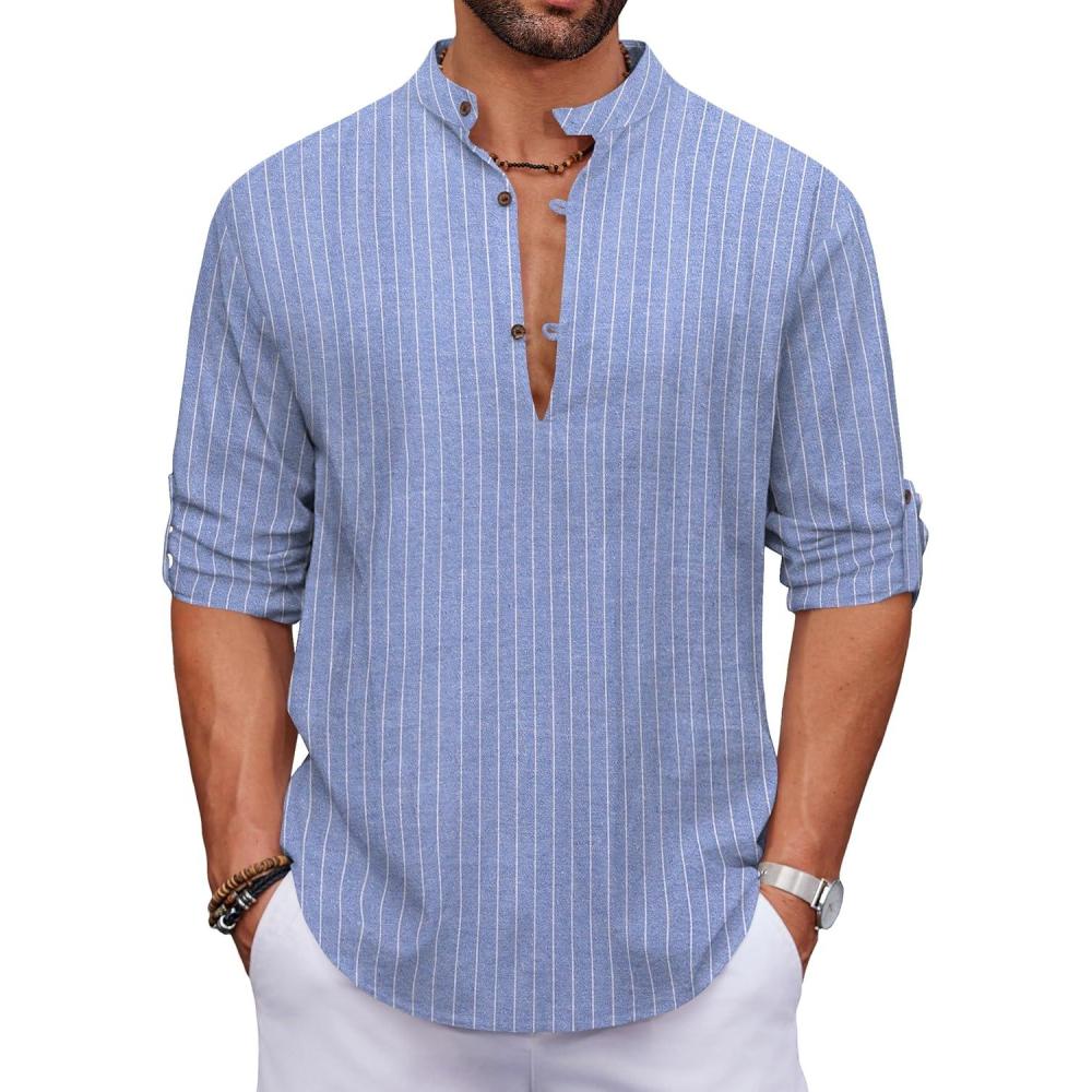imageCOOFANDY Mens Cotton Linen Henley Shirt Casual Beach Hippie Shirts Long Sleeve TShirtsBlue White Striped