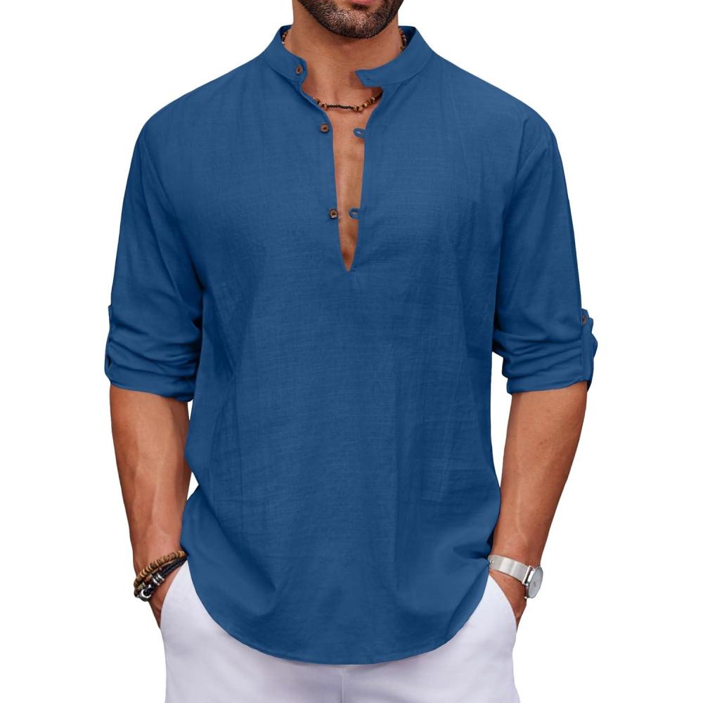 imageCOOFANDY Mens Cotton Linen Henley Shirt Casual Beach Hippie Shirts Long Sleeve TShirtsDark Blue
