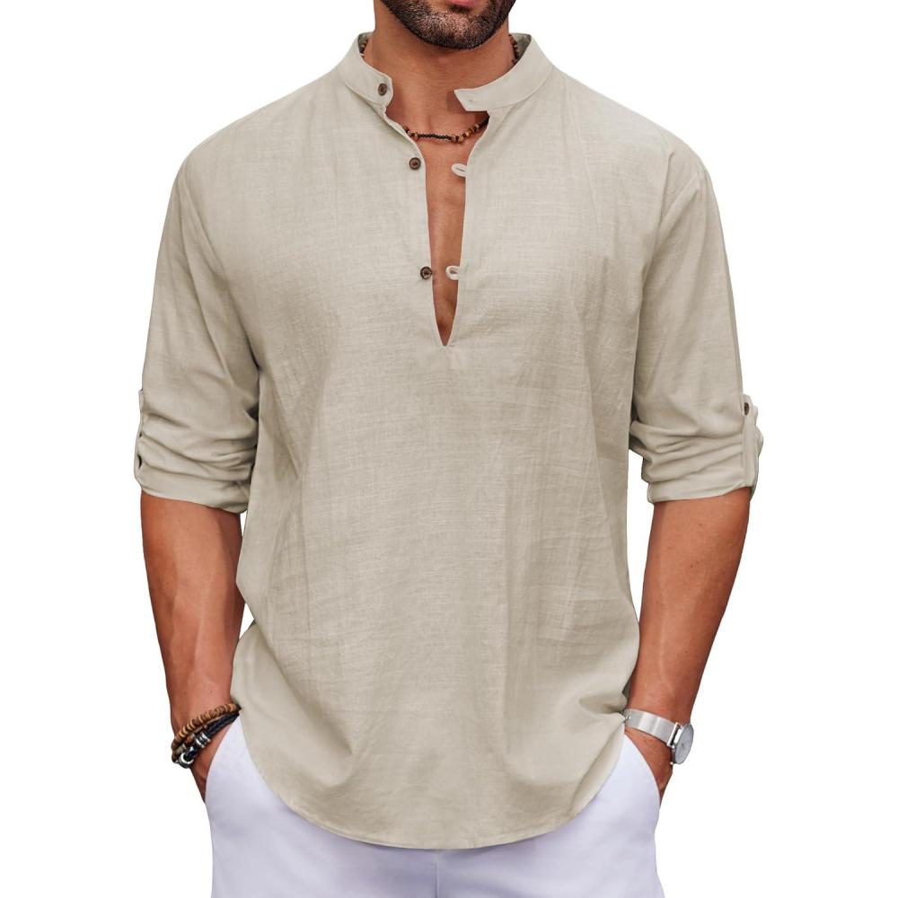 imageCOOFANDY Mens Cotton Linen Henley Shirt Casual Beach Hippie Shirts Long Sleeve TShirtsKhaki Henley