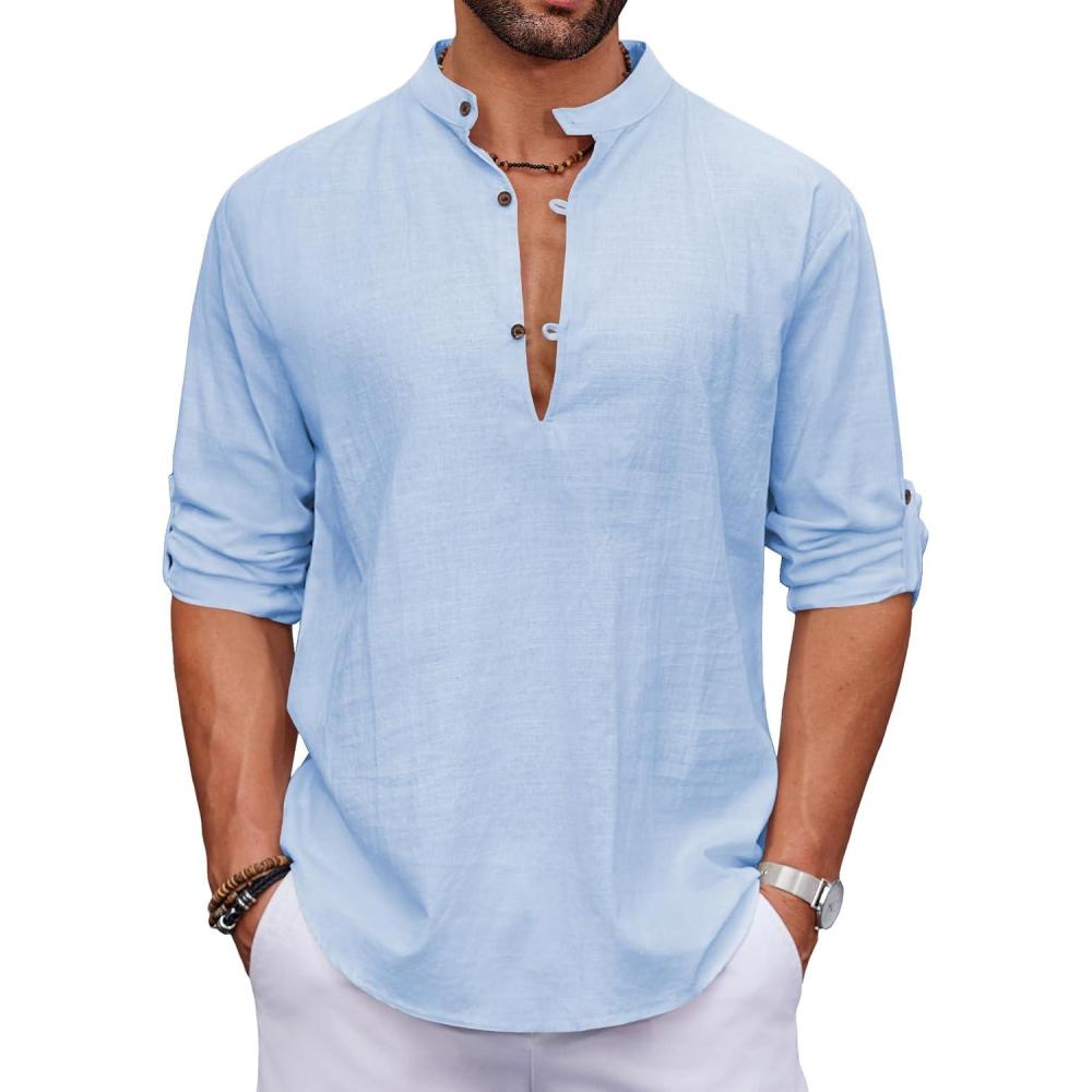 imageCOOFANDY Mens Cotton Linen Henley Shirt Casual Beach Hippie Shirts Long Sleeve TShirtsLight Blue