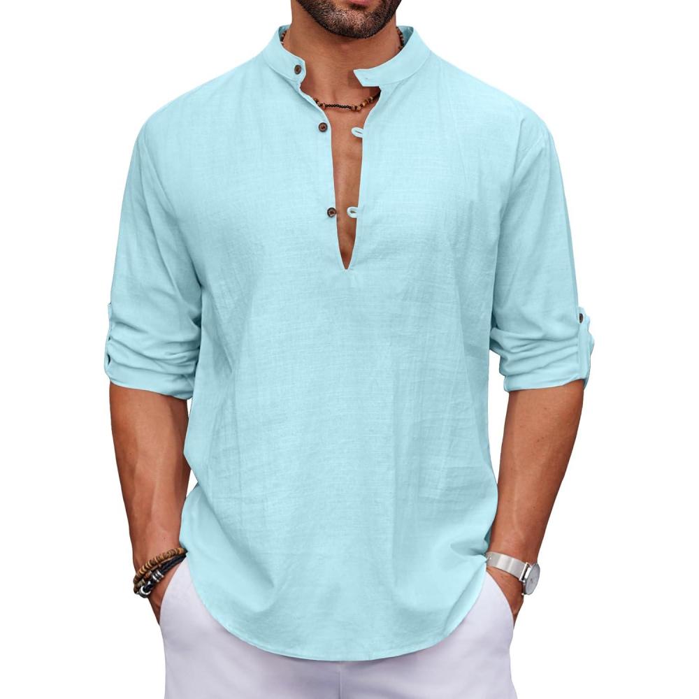 imageCOOFANDY Mens Cotton Linen Henley Shirt Casual Beach Hippie Shirts Long Sleeve TShirtsLight Blue Henley