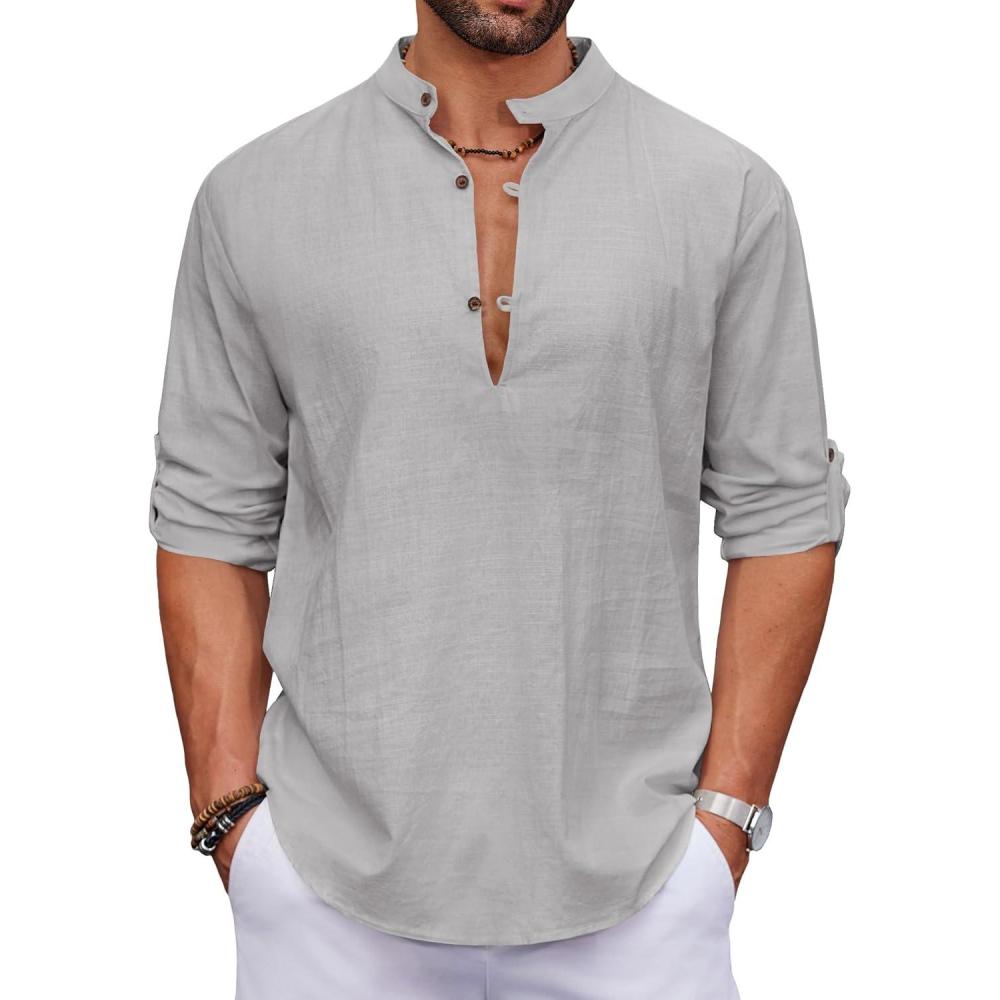 imageCOOFANDY Mens Cotton Linen Henley Shirt Casual Beach Hippie Shirts Long Sleeve TShirtsLight Grey