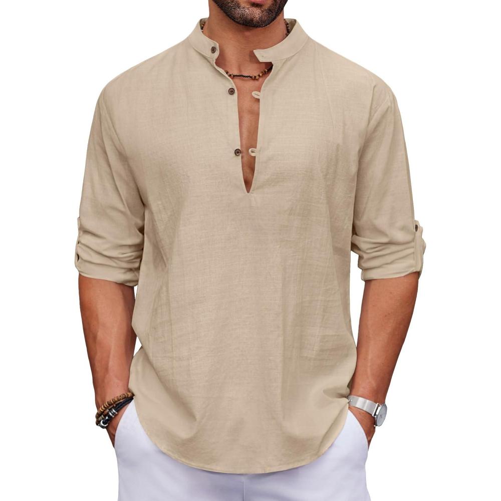 imageCOOFANDY Mens Cotton Linen Henley Shirt Casual Beach Hippie Shirts Long Sleeve TShirtsLight Khaki