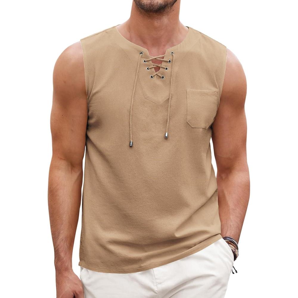 imageCOOFANDY Mens Cotton Linen Tank Top Shirts Casual Sleeveless Lace Up Beach Hippie Tops Bohemian Renaissance Pirate TunicCamel Brown