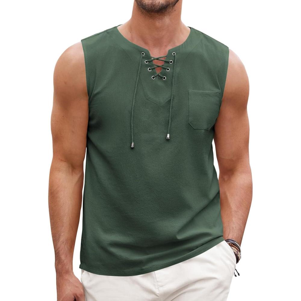 imageCOOFANDY Mens Cotton Linen Tank Top Shirts Casual Sleeveless Lace Up Beach Hippie Tops Bohemian Renaissance Pirate TunicDark Army Green