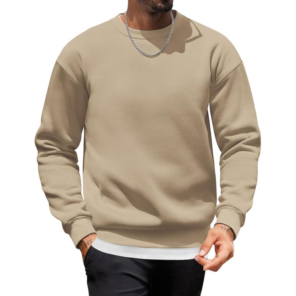 imageCOOFANDY Mens Crewneck Sweatshirts Long Sleeves Fleece Sweatshirts Thermal Casual Pullover ShirtKhaki