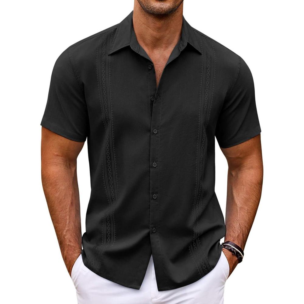 imageCOOFANDY Mens Cuban Guayabera Shirt Short Sleeve Button Down Shirts Casual Summer Beach ShirtsBlack