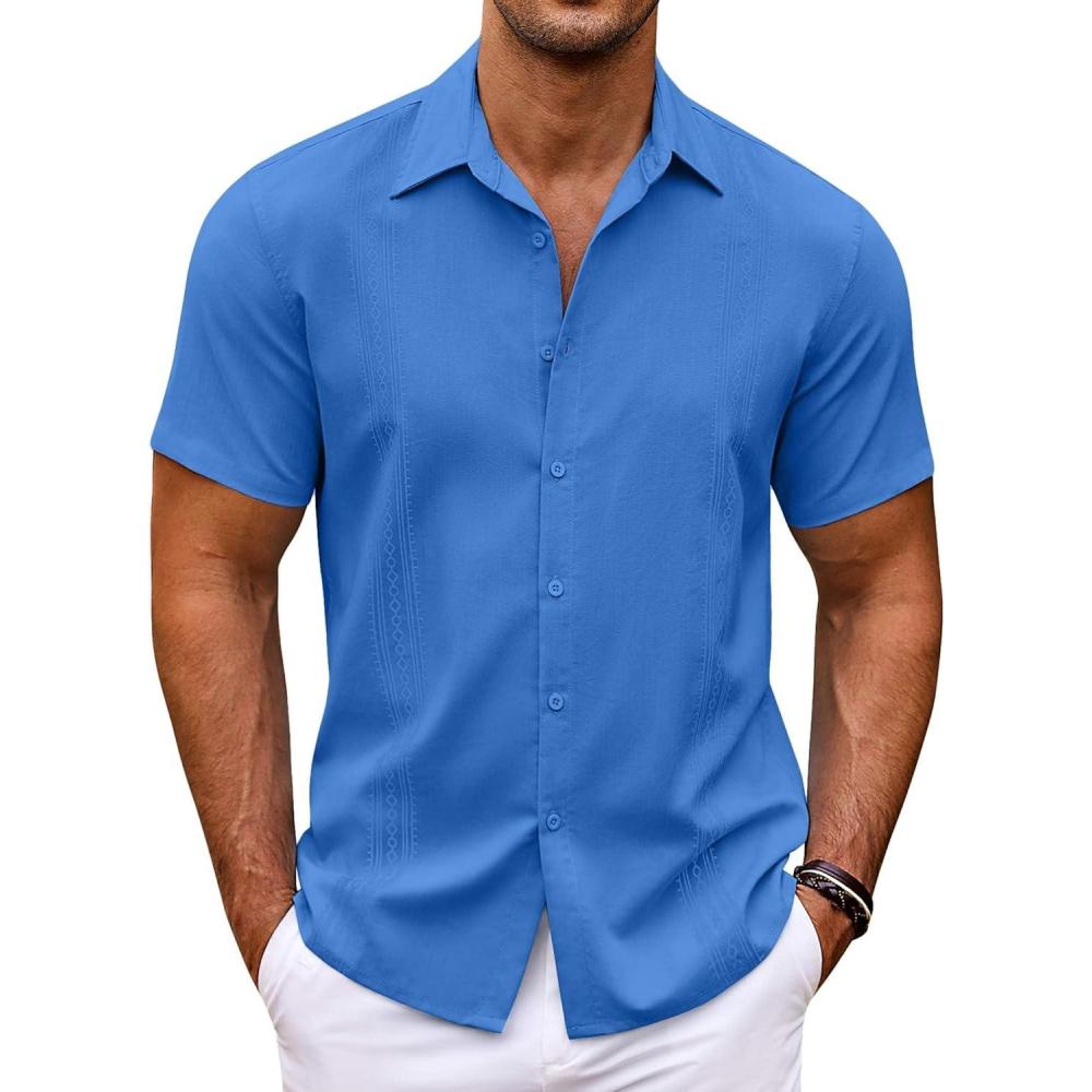 imageCOOFANDY Mens Cuban Guayabera Shirt Short Sleeve Button Down Shirts Casual Summer Beach ShirtsBlue