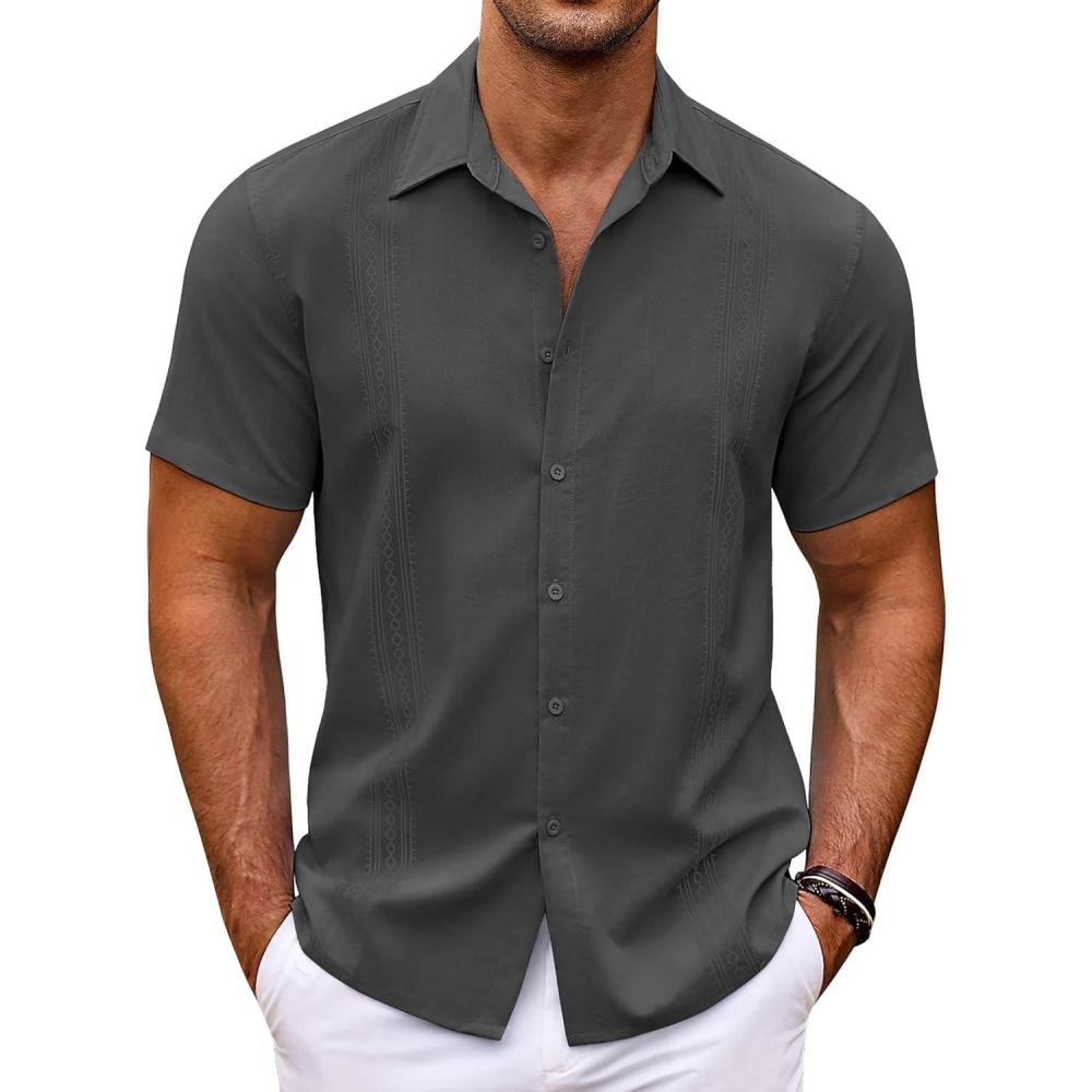imageCOOFANDY Mens Cuban Guayabera Shirt Short Sleeve Button Down Shirts Casual Summer Beach ShirtsDark Grey