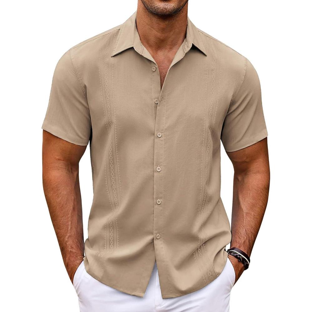 imageCOOFANDY Mens Cuban Guayabera Shirt Short Sleeve Button Down Shirts Casual Summer Beach ShirtsKhaki