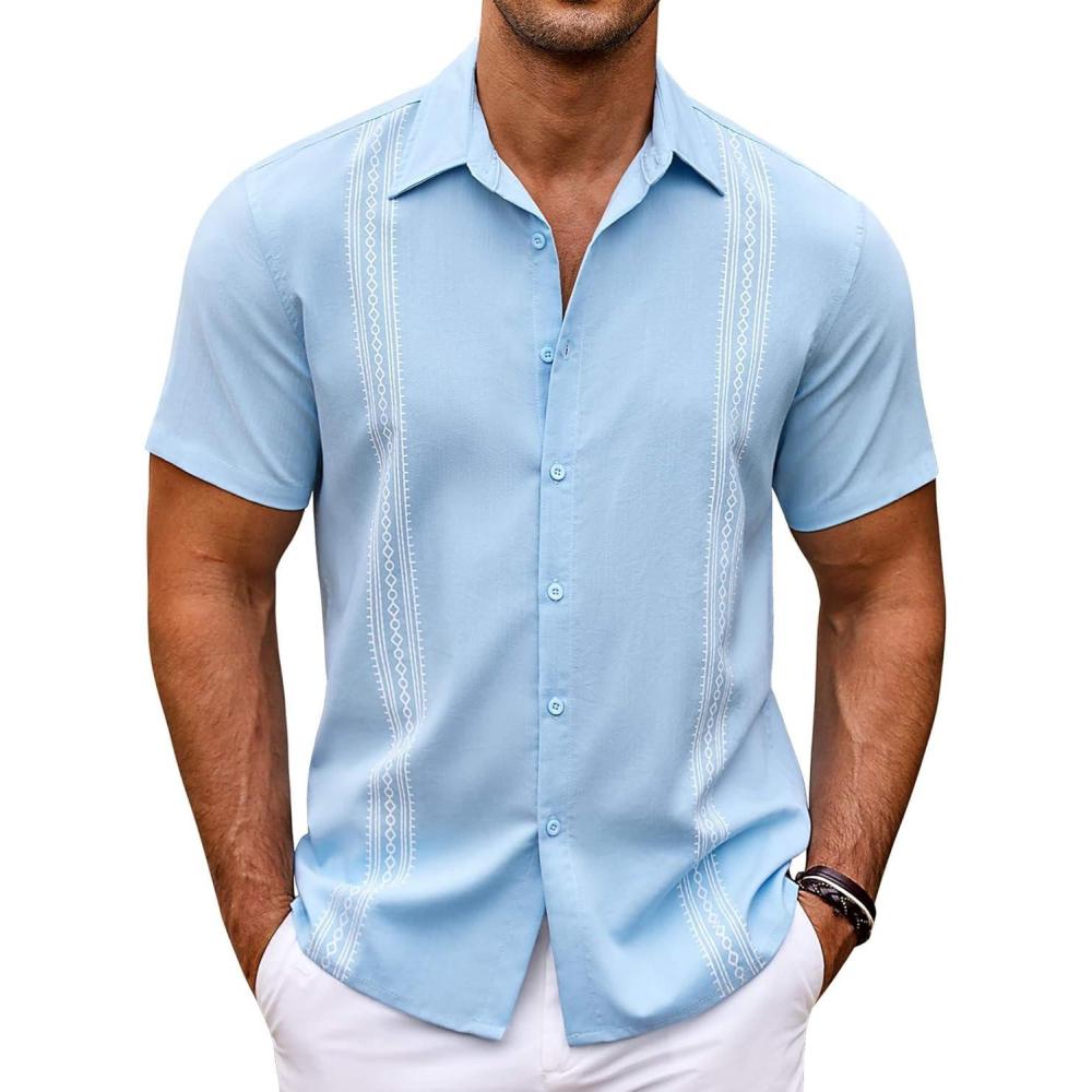 imageCOOFANDY Mens Cuban Guayabera Shirt Short Sleeve Button Down Shirts Casual Summer Beach ShirtsLight Blue
