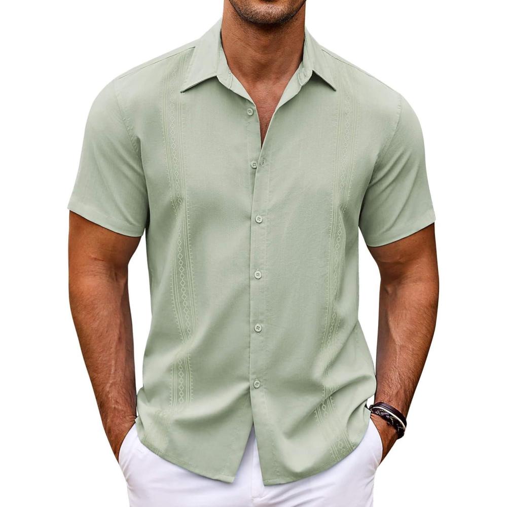 imageCOOFANDY Mens Cuban Guayabera Shirt Short Sleeve Button Down Shirts Casual Summer Beach ShirtsLight Green