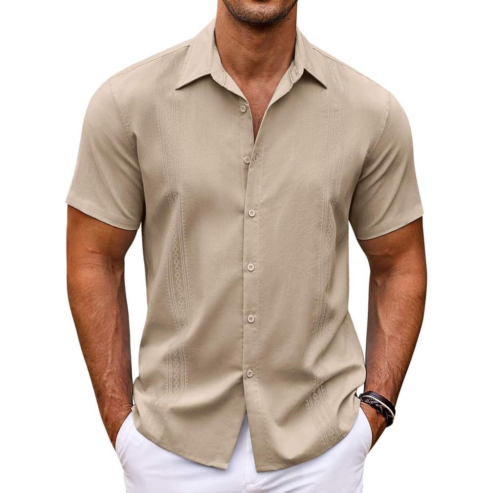 imageCOOFANDY Mens Cuban Guayabera Shirt Short Sleeve Button Down Shirts Casual Summer Beach ShirtsLight Khaki