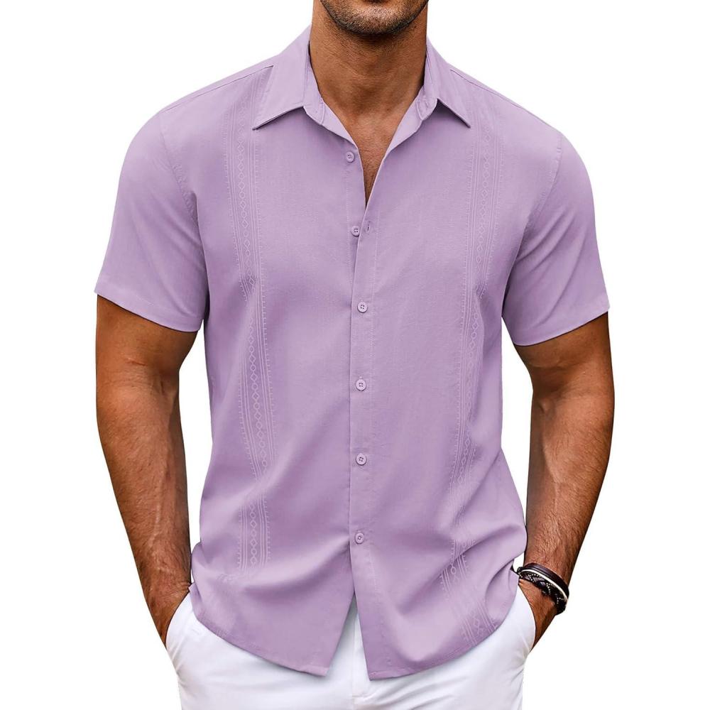 imageCOOFANDY Mens Cuban Guayabera Shirt Short Sleeve Button Down Shirts Casual Summer Beach ShirtsLight Purple