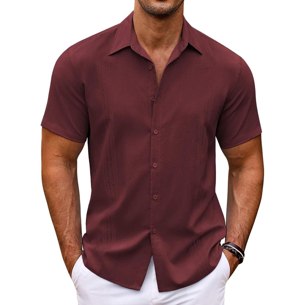 imageCOOFANDY Mens Cuban Guayabera Shirt Short Sleeve Button Down Shirts Casual Summer Beach ShirtsWine Red