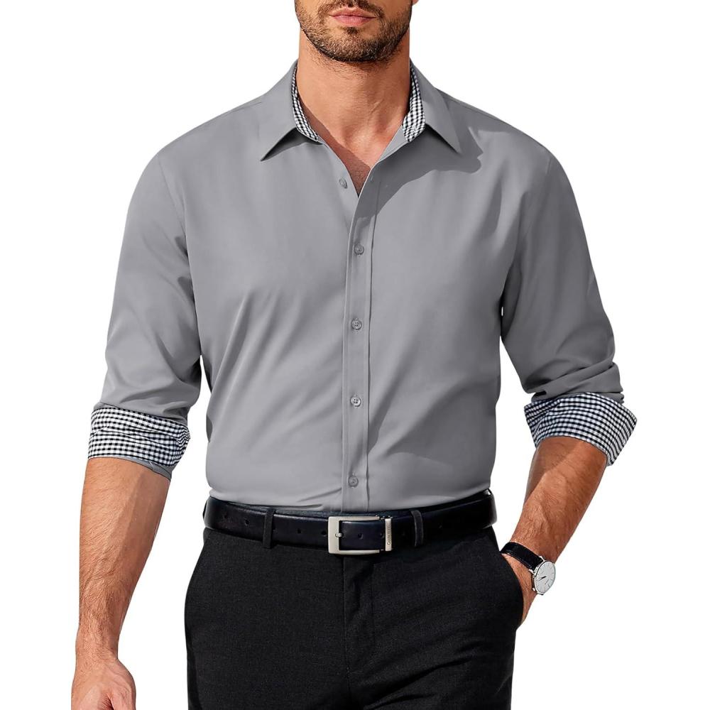 imageCOOFANDY Mens Dress Shirt Long Sleeve Casual Button Down Shirt Wrinkle Free Formal Business Shirts03light Grey Solid