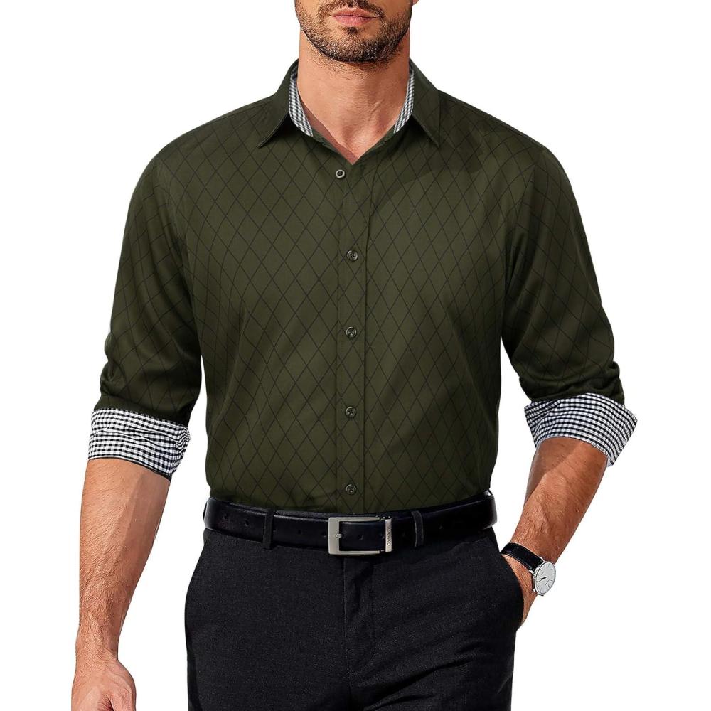 imageCOOFANDY Mens Dress Shirt Long Sleeve Casual Button Down Shirt Wrinkle Free Formal Business ShirtsArmy Green